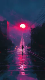 Midnight city walk toward a glowing neon moon horizon.
