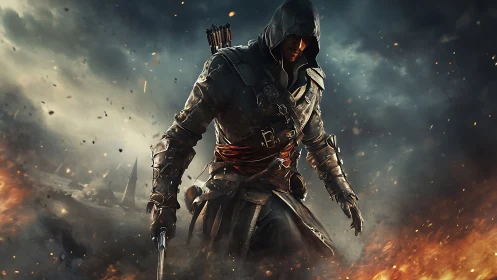 Hooded rogue strides through cinematic battlefield inferno.