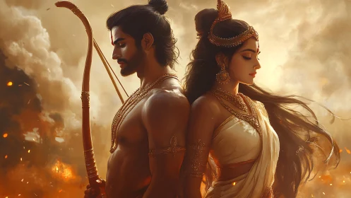 Divine warrior couple stands united amid sacred blazing skies