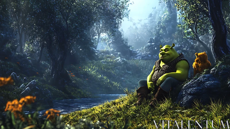 Ogre figure resting beside reflective forest stream at dusk