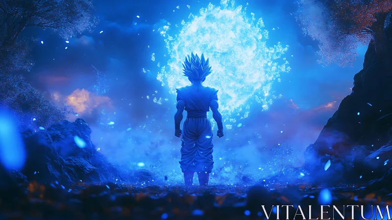 Electric warrior before colossal blue energy sphere.