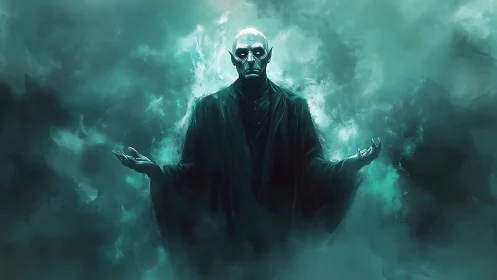 Cloaked humanoid figure stands in green atmospheric mist