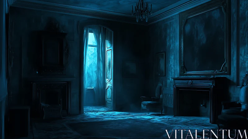 Dim blue-lit interior shows abandoned ornate sitting room