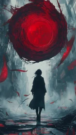 Lone figure under swirling red vortex in ruined city.
