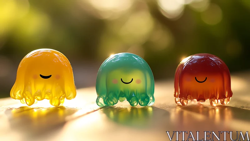 Three colorful jelly-like figures stand on a sunlit surface