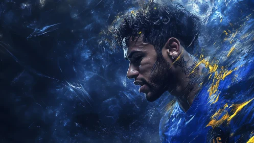 Dynamic blue portrait with motion-smeared digital brushwork.