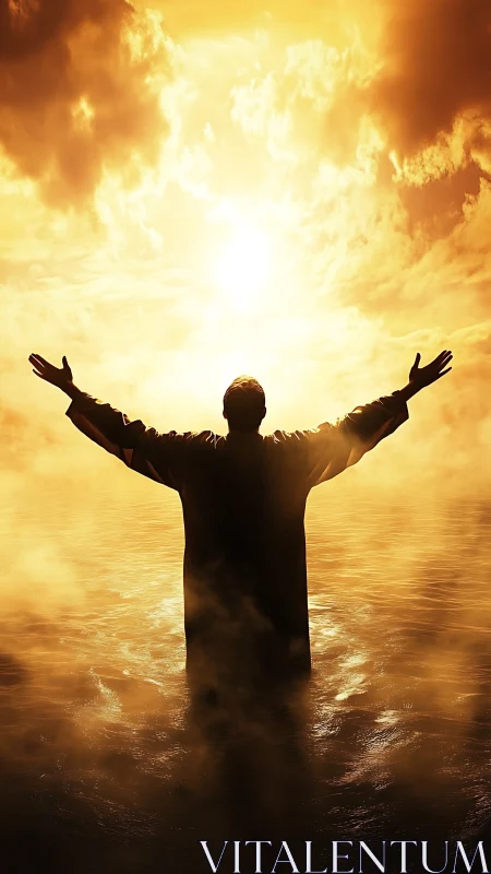 Backlit silhouette in golden atmospheric light over water