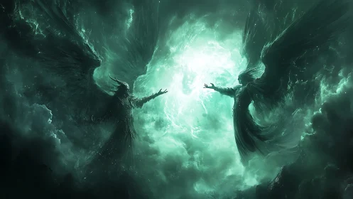 Two winged figures extend toward a central luminous vortex