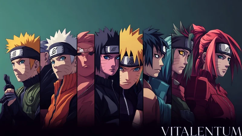 Multi-character anime line-up uses segmented portrait framing and rim lighting