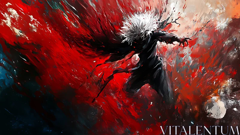 Wild-haired warrior bursts through a storm of red energy