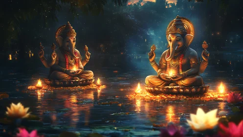 Two Ganesha statues sit on illuminated lotus platforms at night