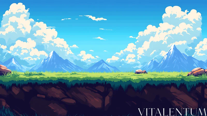 Bright pixel landscape with grassy platform and mountains.