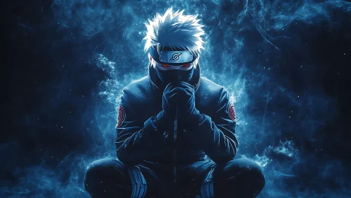 Masked ninja figure in blue smoke with glowing red eyes.