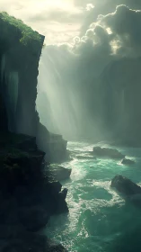 Emerald river gorge under misty cliffs and storm light.