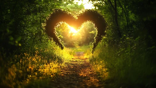 Heart-Shaped Foliage Arch in Sunlit Forest Path, Dreamy Style.