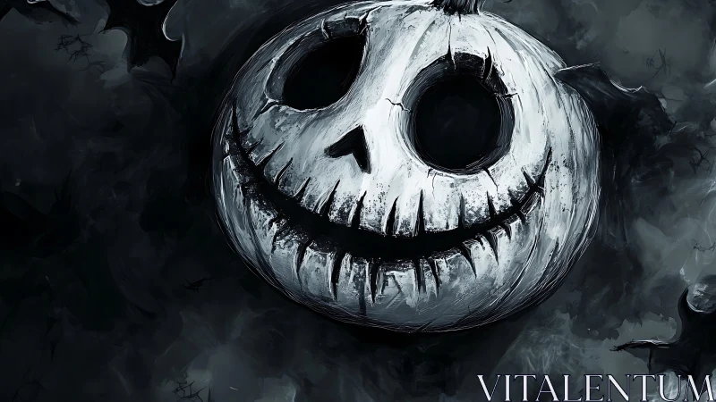 Grinning cracked pumpkin skull floats in swirling shadow fog.