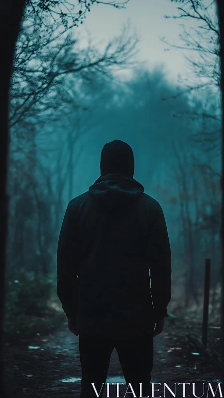 Hooded figure stands in misty forest corridor under cyan haze