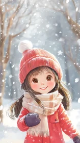 Winter portrait of bundled child in softly lit snowfall scene.