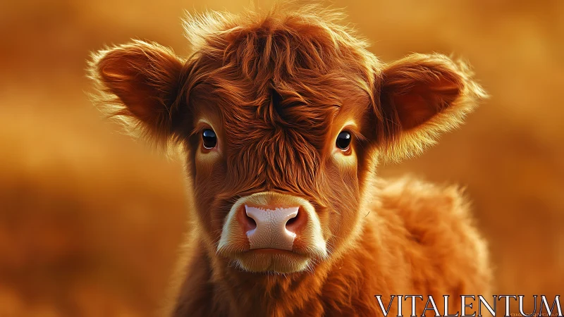 Fluffy brown calf portrait on warm golden background.