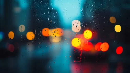 Rain covered window shows blurred city traffic lights at dusk