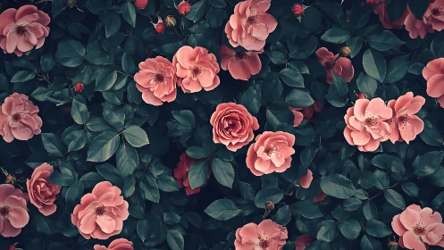 Overhead botanical composition with multilayered rosa cultivars.