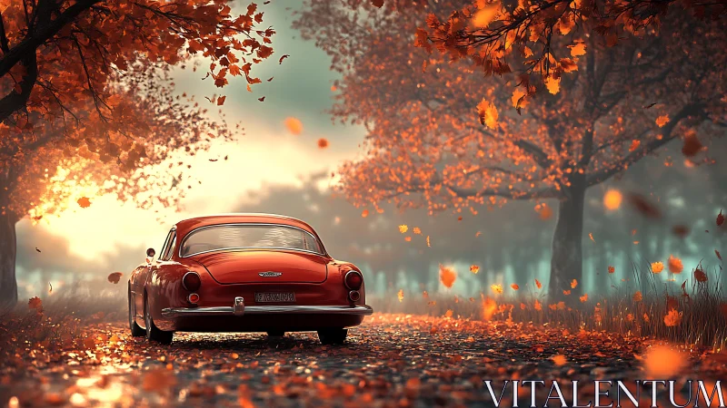 Red vintage car on autumn forest road with falling leaves.