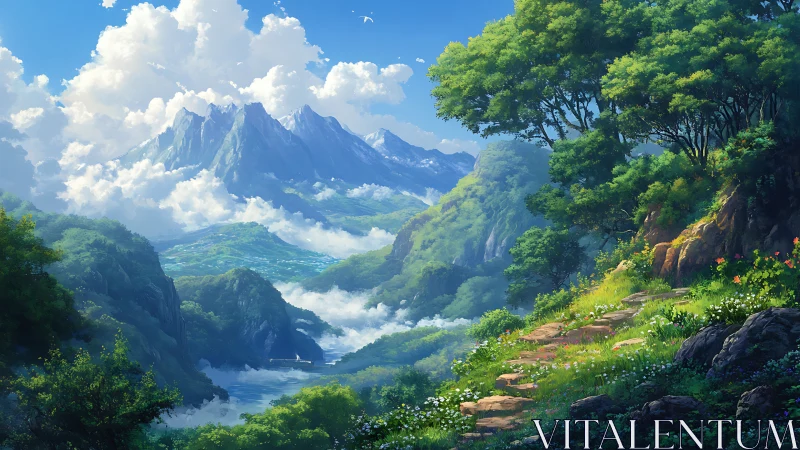 Sunlit mountain path daydreams its way through misty valleys
