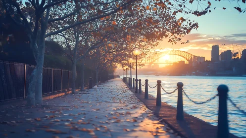 Waterfront path at sunrise with bridge and city skyline.