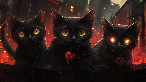 Luminescent Felines in Apocalyptic Cityscape with Incandescent Ocular Features