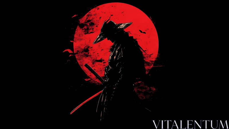 Silhouetted ronin profile before distressed scarlet moon