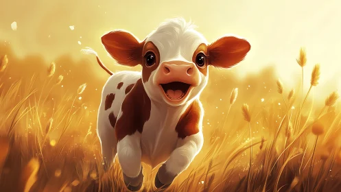 Happy cartoon calf running through golden wheat field.