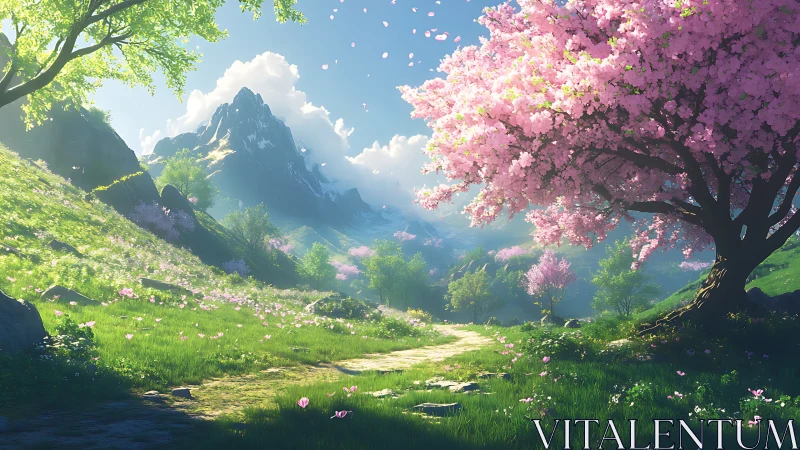 Mountain valley path bordered by blooming pink cherry trees.