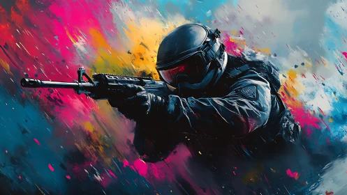 Tactical operator in chromatic ballistics surge, mid-engagement.