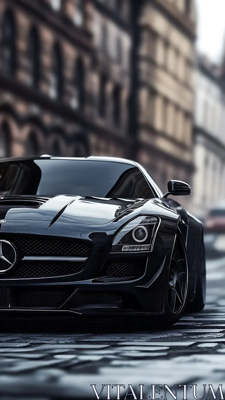 Black supercar prowls narrow European cobblestone street.