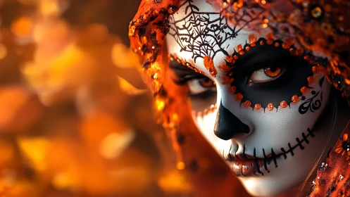 Woman with skull face paint stares through orange veil
