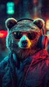Anthropomorphic bear in neon streetwear rendered as digital portrait