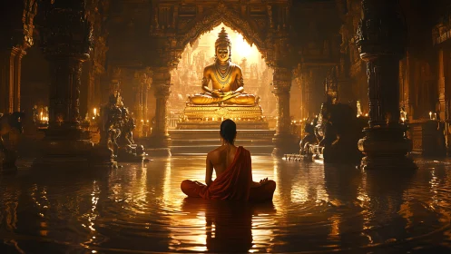 Monk meditates before radiant golden Buddha in flooded temple