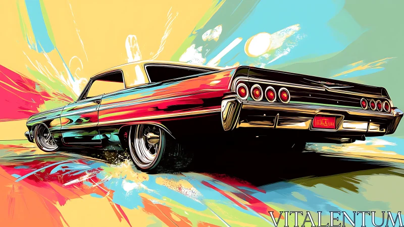 Chromed lowrider blasts through neon paint-splash sunset.