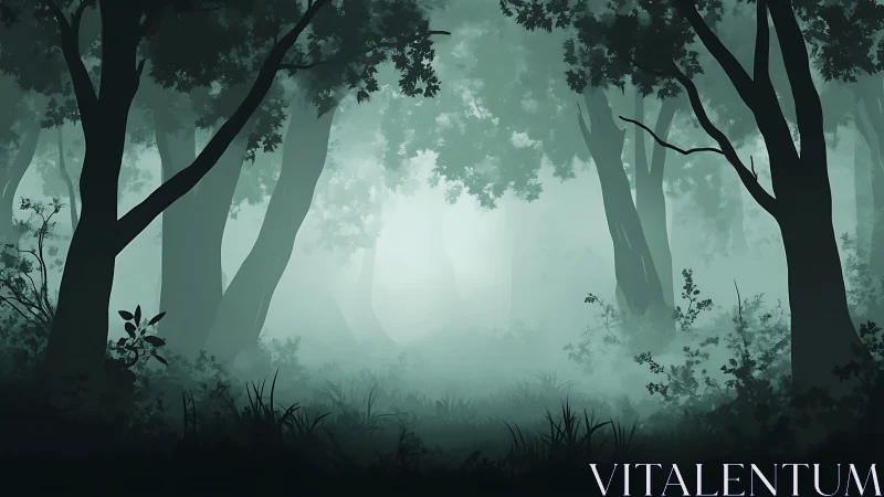 Misty Forest Pathway Through Ancient Trees.