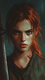 Battle-worn redheaded warrior with sword, intense gaze.