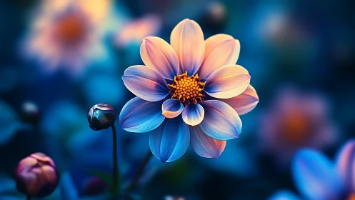 Dahlia flower with blue and pink gradient petals.
