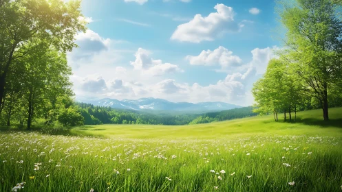 Sunlit mountain meadow spreads under vivid blue sky.