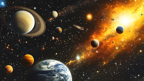 Wondrous planets drift through a glowing, star-filled cosmos