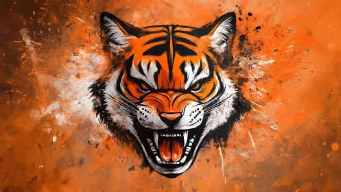 Ferocious tiger head digital painting on orange burst.