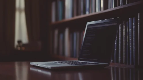Open laptop glows quietly in a dimly lit library corner.