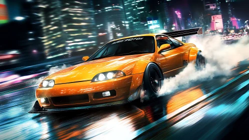 Orange drift car on wet neon city street at night.
