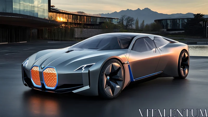 Futuristic silver BMW concept coupe in sunset setting.