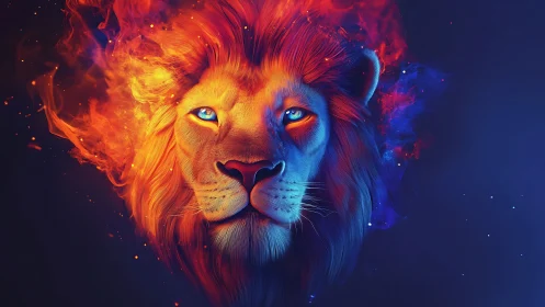 Fiery lion portrait glows in cosmic neon embers of night