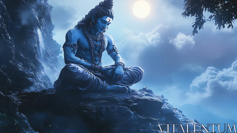 Divine blue figure meditates calmly under a luminous moonlit sky