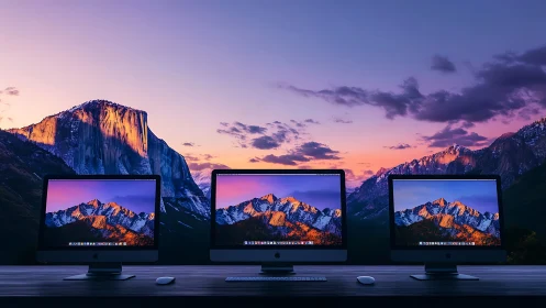 Triple desktop display against sunset alpine mountain panorama